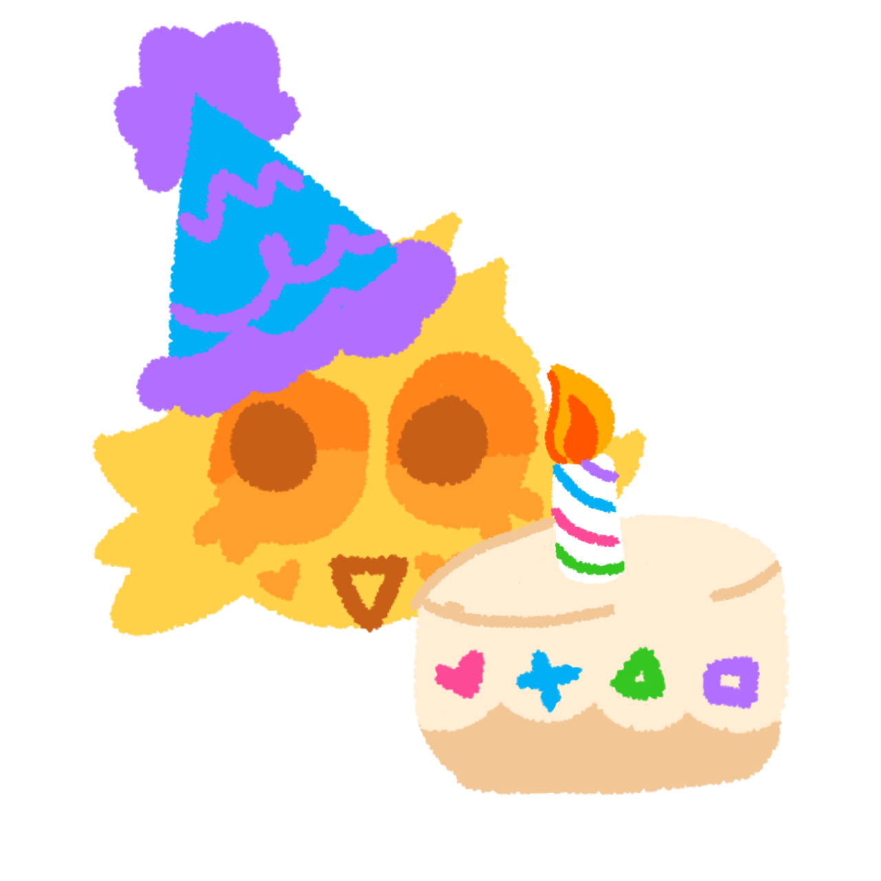 a fluffy yellow person with orange eyes wearing a blue and purple party hat. it looks happy. Next to it is a vanilla cake with vanilla frosting, sprinkles that are pink purple blue and green, and a colorful candle